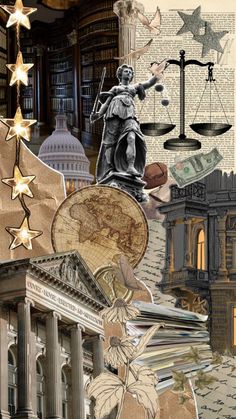 collage of images with books, money and justice symbols