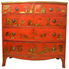 19th century English Regency red lacquer Hepplewhite bow front chest of drawers with chinoiserie painted design. Hepplewhite Furniture, Chippendale Design, Painted Furniture Designs, Chippendale Chairs, Vintage Cupboard, Chinoiserie Design, Asian Furniture, Chinoiserie Decorating, 1st Dibs