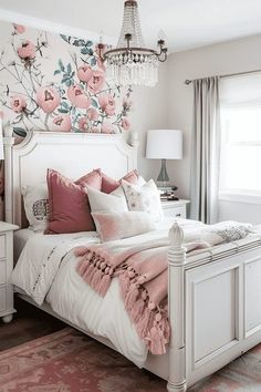 a white bed with pink and green flowers on the headboard is in front of a chandelier