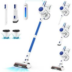 four different views of the same vacuum cleaner and its attachments, including one with two heads