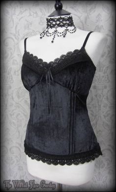 Romantic Gothic Black Velvet Lace Camisole Top 10 Victorian Vamp Elegant Goth | THE WILTED ROSE GARDEN The Wilted Rose Garden, Casual Romantic Goth, Romantic Goth Style, Camisole Top Outfit, Light Goth, Vamp Goth, Wilted Rose, Goth Tops, Vamp Style