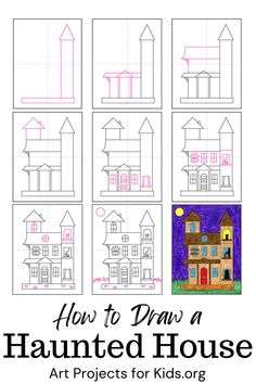 how to draw a halloween house for kids with pictures and text overlaying it