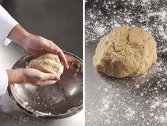 two pictures side by side, one with dough and the other with powdered sugar