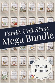 the family unit study mega bundle is shown in front of a wall full of cards