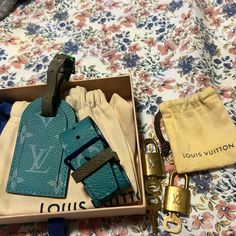 Luggage Tag And 2 Sets Of Padlocks With 2 Keys Box And Dust Bag Including Everything For $120 Louis Vuitton Blue, Key Box, Louis Vuitton Accessories, Luggage Accessories, Key Card Holder, Luggage Tag, 2 Set, Card Holders, Luggage Tags