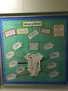 a bulletin board with paper cutouts and writing on it that says what a mess