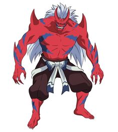 an anime character with red, blue and white hair standing in front of a white background