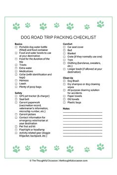 the road trip packing checklist is shown with green paw printables on it