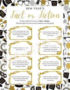 the new year's fact or fiction game is shown in gold and black, surrounded by other items