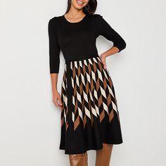 This Danny & Nicole women's sweater dress will add flair to your cold-weather wardrobe. This knee-length fit and flare dress has a fitted knit top with 3/4 sleeves and a round neckline, plus a flared geometric-print skirt and a waist tie. Wear it with boots and hoop earrings. Included: 1 Belt(s)Features: Stretch Fabric, BeltedClosure Type: Pullover HeadNeckline: Round NeckSleeve Length: 3/4 SleeveSleeve Style: Fitted SleeveApparel Length: 42 Inches - FrontDress Length: Knee LengthFiber Content:… Petite Sweater Dress, Sweater Dress Petite, Geometric Sweater, Small Dresses, Sweater Dresses, Sweater Dress Women, Medium Dress, Fabric Belt, Small Dress