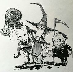 a drawing of two cartoon characters dressed up as witches and a skeleton holding a jack - o'- lantern