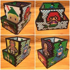 four different pictures of some sort of box made out of legos and other items