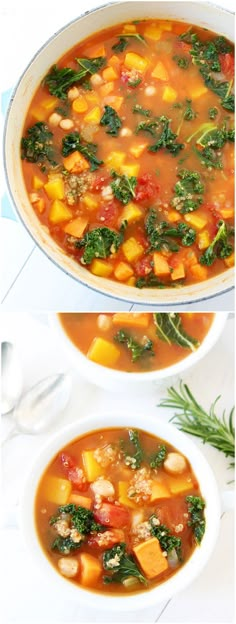 two bowls filled with soup next to each other