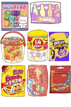 some food items are shown on a white background, including candy and gummy bears