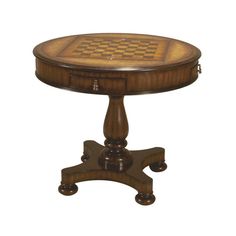 a wooden table with a chess board on it's top and two wheels at the bottom