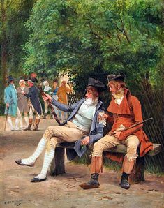 a painting of two men sitting on a bench talking to each other in the park