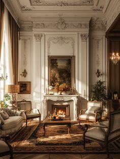 a living room filled with furniture and a fire place in the middle of a room