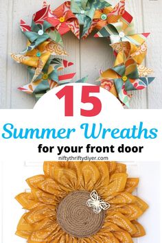 the front door is decorated with an orange and yellow sunflower wreath that reads 15 summer wreaths for your front door