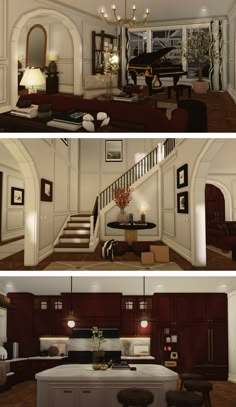 two pictures of a living room and dining room with stairs leading up to the second floor