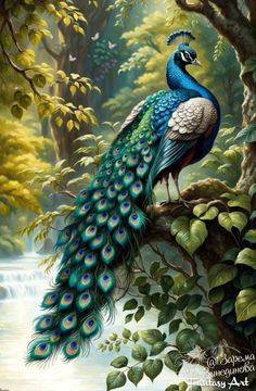 a painting of a peacock perched on a tree branch