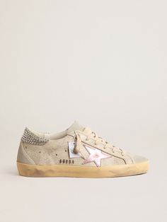 Super-Star LTD in ecru with Swarovski crystal heel tab | Golden Goose Golden Family, Crystal Heels, Lace Jewelry, Old Rose, Shoe Inspo, Girly Shoes, Super Star, Gray Suede, Golden Goose