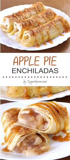 apple pie enchiladas on white plates with caramel drizzle