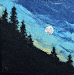 an image of a night scene with trees and the moon in the sky painted on felt