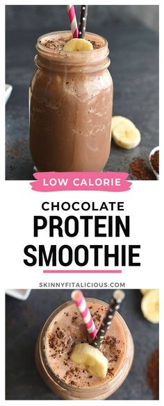 chocolate protein smoothie in a mason jar with two straws on top and the text low calorie chocolate protein protein smoothie