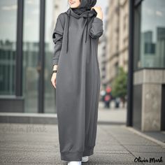 Olivia Mark - Plush Hooded Drawstring Sweater with Solid Color, Loose Fit, Casual Pocket, and Long Sleeves Hoodie Sweatshirt Dress, Sundress Casual, Stylish Hoodies, Long Sweater Dress, Muslim Dress, Winter Pullover, Hooded Dress, Long Sleeve Maxi, Types Of Skirts