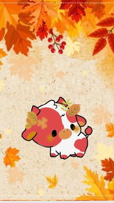 a cartoon cow with autumn leaves around it