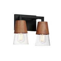 two light bathroom fixture with wooden shades