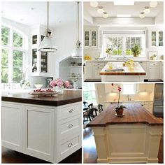 four different pictures of a kitchen with white cabinets and wood counter tops, including an island