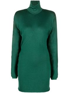 forest green virgin wool blend high neck long sleeves draped detailing thigh-length Luxury Green Knit Sweater, Luxury Green Ribbed Sweater, Luxury Green Wool Sweater, Green Ribbed Knee-length Sweater Dress, Luxury Long Sleeve Merino Wool Turtleneck, Green Knit Dress, Drape Sleeves, High Neck Long Sleeve, Knit Sweater Dress