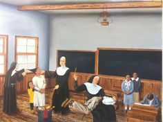 a painting of people standing in front of a blackboard