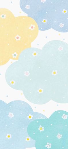 the sky is filled with clouds and daisies in pastel blue, green, yellow and white