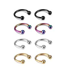 six pairs of nose rings with balls in different colors and sizes, on a white background