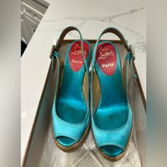 Menorca Peep Toe, Slingback, Espadrille 3.5" Wedge Sandals By Christian Louboutin. Turquoise Satin Uppers With Contrasting Gold Stitching. Made In Spain. Used See Photos Menorca, Espadrille Shoes, Christian Louboutin Shoes, Wedge Sandals, Blue Gold, Espadrilles, Christian Louboutin, Wedges, Size 7