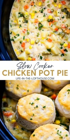 slow cooker chicken pot pie recipe in the crock pot with text overlay