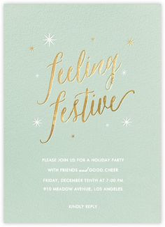 the foil lettering on this festive holiday party card is perfect for any type of celebration