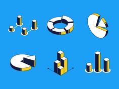 an image of various objects that are in the shape of pies and bars on a blue background