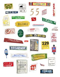 a collage of various street signs and numbers on a white background, including the number 55