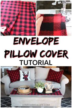 an easy to make buffalo plaid pillow cover with text overlay that says, envelope pillow cover