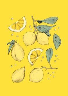 lemons and leaves on a yellow background