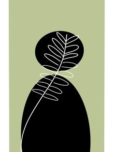 a black and white drawing of a plant in a vase on a light green background