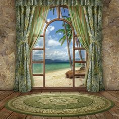 an open window with a view of the beach and palm trees in front of it