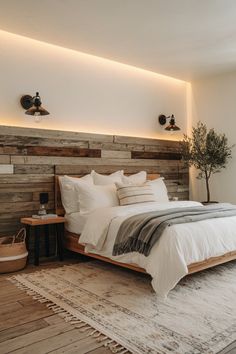 a large bed sitting on top of a wooden floor next to a wall mounted light