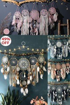 several different pictures of dream catchers hanging on the wall with string lights and flowers