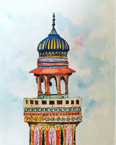 a watercolor painting of a colorful building with a blue dome on it's top