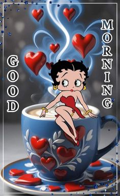 a coffee cup with hearts floating out of it and the words good morning on top