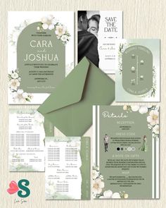 wedding stationery set with flowers and greenery on the front, green envelope, and white